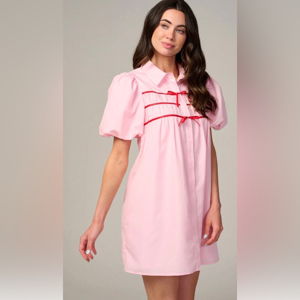 NEW TCEC PINK & Red Button UP Contrast Ribbon Mini Dress